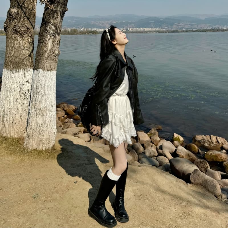2026 봄 가을 아메리칸 검정색 레트로 가죽 재킷 재킷 재킷 오래된 돈 바람 여성 코트 아름다움 라드. 착용 가져 가라. 이미지 3