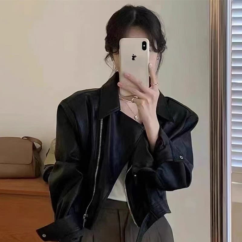 커피 색상 pu 가죽 재킷 여성 코트 짧은 2026 봄 루즈핏 작은 키 레트로 항구 바람 긴팔 오토바이 재킷 맨위 이미지 3