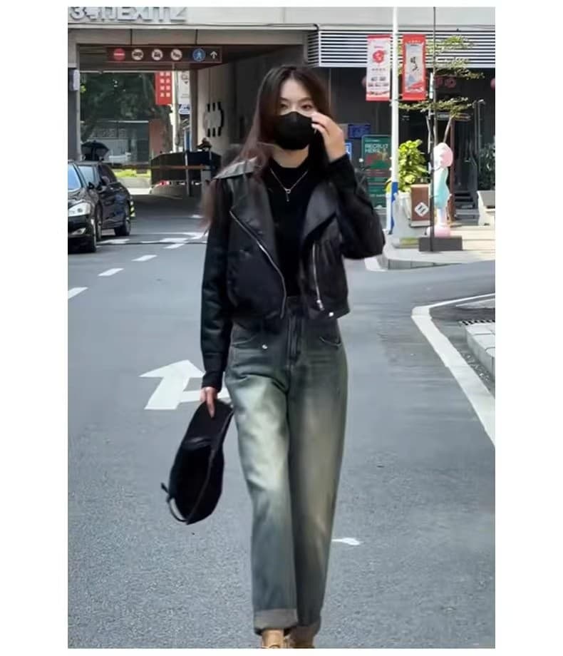 커피 색상 pu 가죽 재킷 여성 코트 짧은 2026 봄 루즈핏 작은 키 레트로 항구 바람 긴팔 오토바이 재킷 맨위 상세 이미지 2
