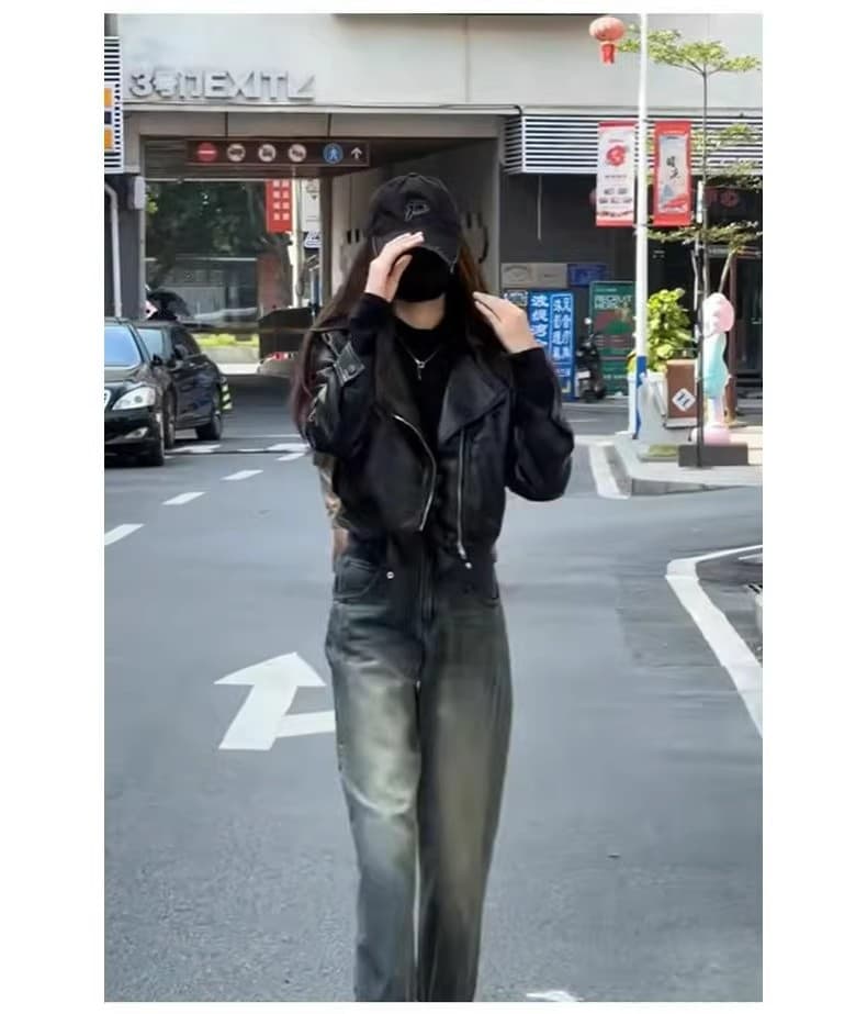 커피 색상 pu 가죽 재킷 여성 코트 짧은 2026 봄 루즈핏 작은 키 레트로 항구 바람 긴팔 오토바이 재킷 맨위 상세 이미지 3