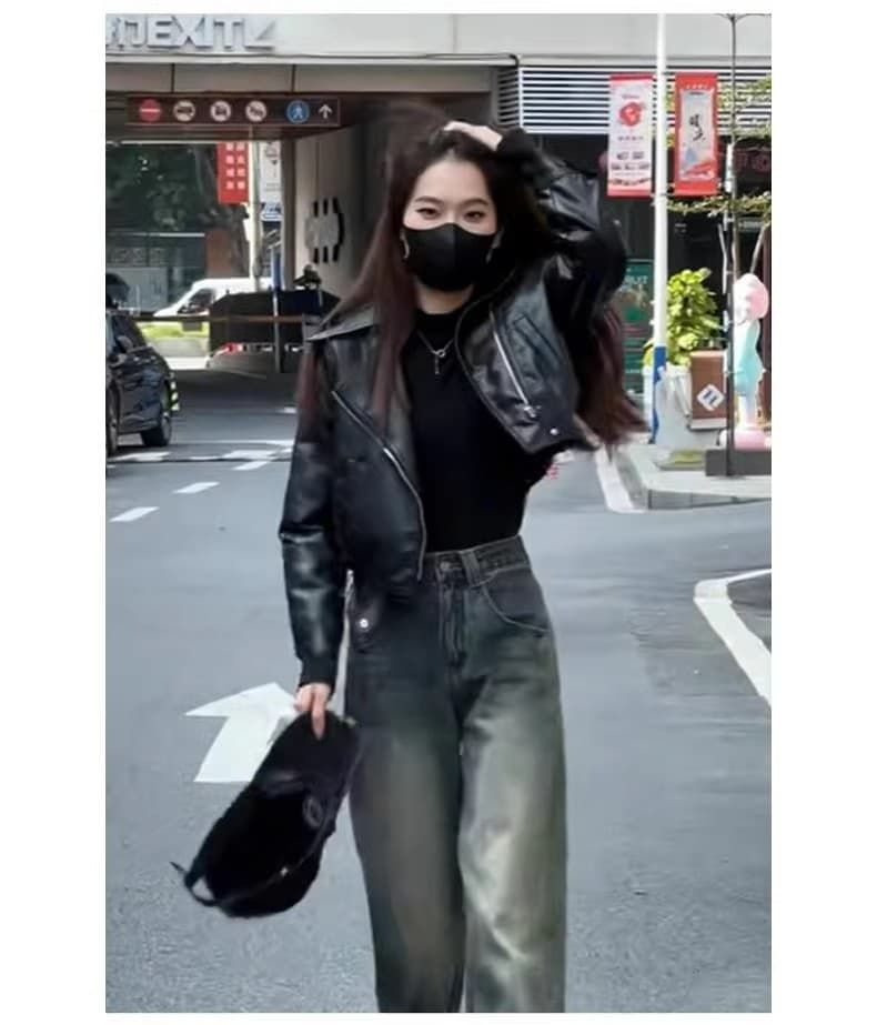 커피 색상 pu 가죽 재킷 여성 코트 짧은 2026 봄 루즈핏 작은 키 레트로 항구 바람 긴팔 오토바이 재킷 맨위 상세 이미지 4