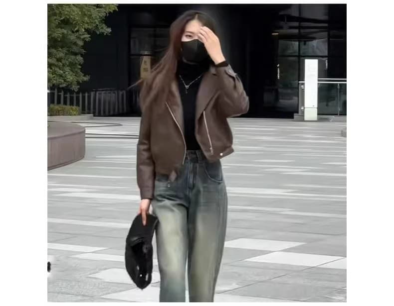 커피 색상 pu 가죽 재킷 여성 코트 짧은 2026 봄 루즈핏 작은 키 레트로 항구 바람 긴팔 오토바이 재킷 맨위 상세 이미지 5