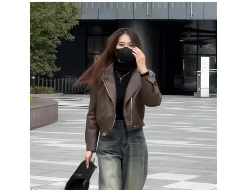 커피 색상 pu 가죽 재킷 여성 코트 짧은 2026 봄 루즈핏 작은 키 레트로 항구 바람 긴팔 오토바이 재킷 맨위 상세 이미지 6