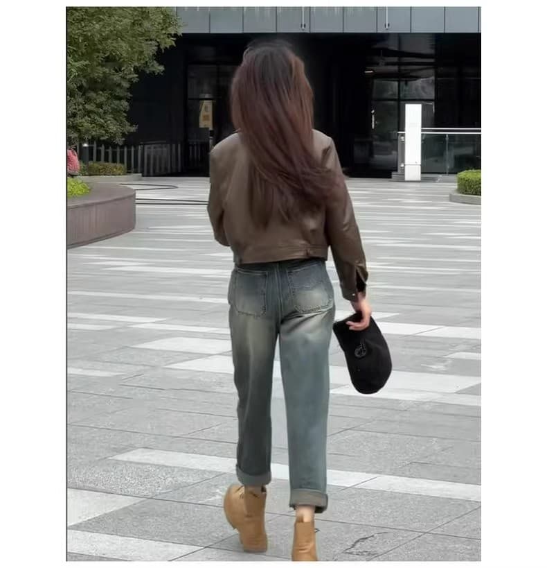 커피 색상 pu 가죽 재킷 여성 코트 짧은 2026 봄 루즈핏 작은 키 레트로 항구 바람 긴팔 오토바이 재킷 맨위 상세 이미지 9