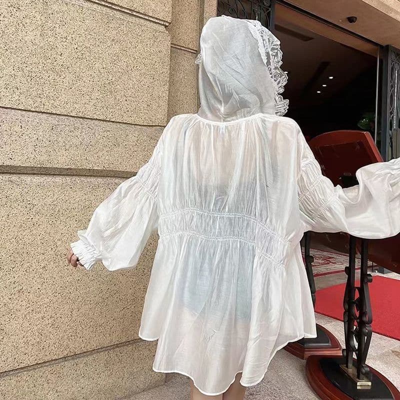 화이트 레이스 후드 자외선 차단 의류 여성 여름 얇은 스타일 고급 센스 품격 루즈핏 달콤함 오픈 가디건 자외선 차단 외투 이미지 5