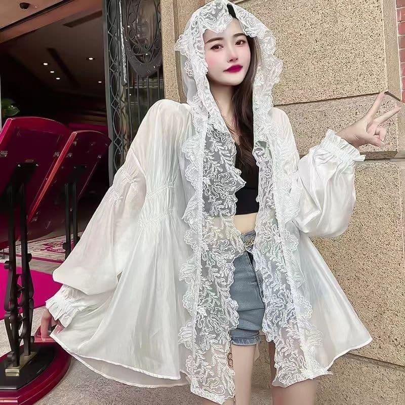 화이트 레이스 후드 자외선 차단 의류 여성 여름 얇은 스타일 고급 센스 품격 루즈핏 달콤함 오픈 가디건 자외선 차단 외투 상세 이미지 2