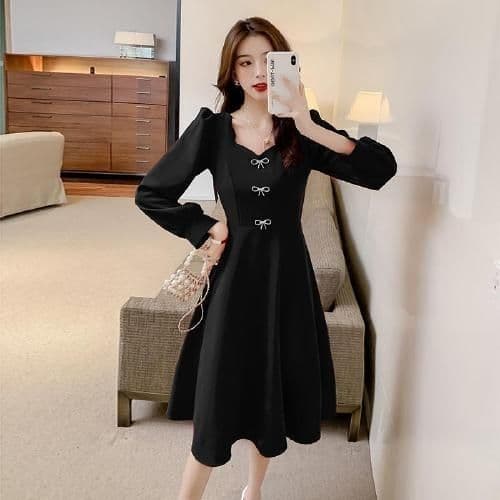 봄 가을 2026 년 새로운 허리 수축 슬림해 보이는 외국 가스 치마 품격 명문 여성 와인 레드 V넥 레트로 드레스 상세 이미지 12