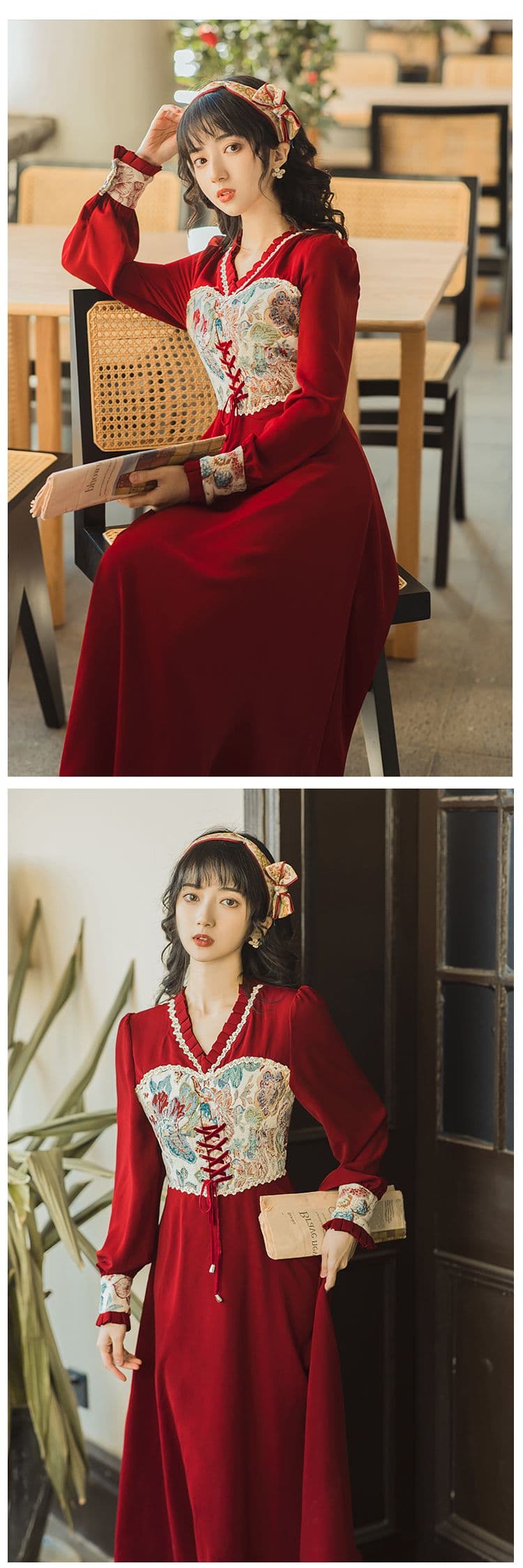 프랑스식 빨간색 여성 드레스 조기 가을 레트로 부드러운 품격 허리 수축 슬림해 보이는 디자인 센스 작은 대중 패션 연령 감소 상세 이미지 4