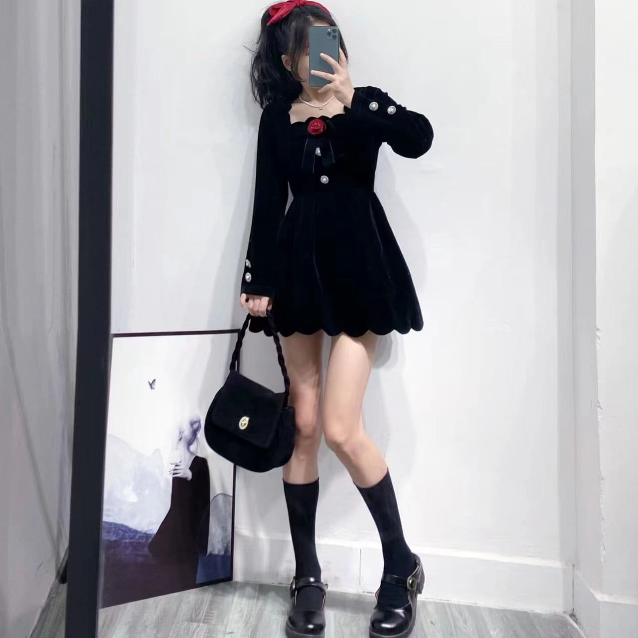 작은 키 겨울 의류 코디 외국 가스 짧은 남자 그는 벤 바람 작은 검은 드레스 하이웨이스트 디스플레이 높음 벨벳 여성 드레스 가을 겨울