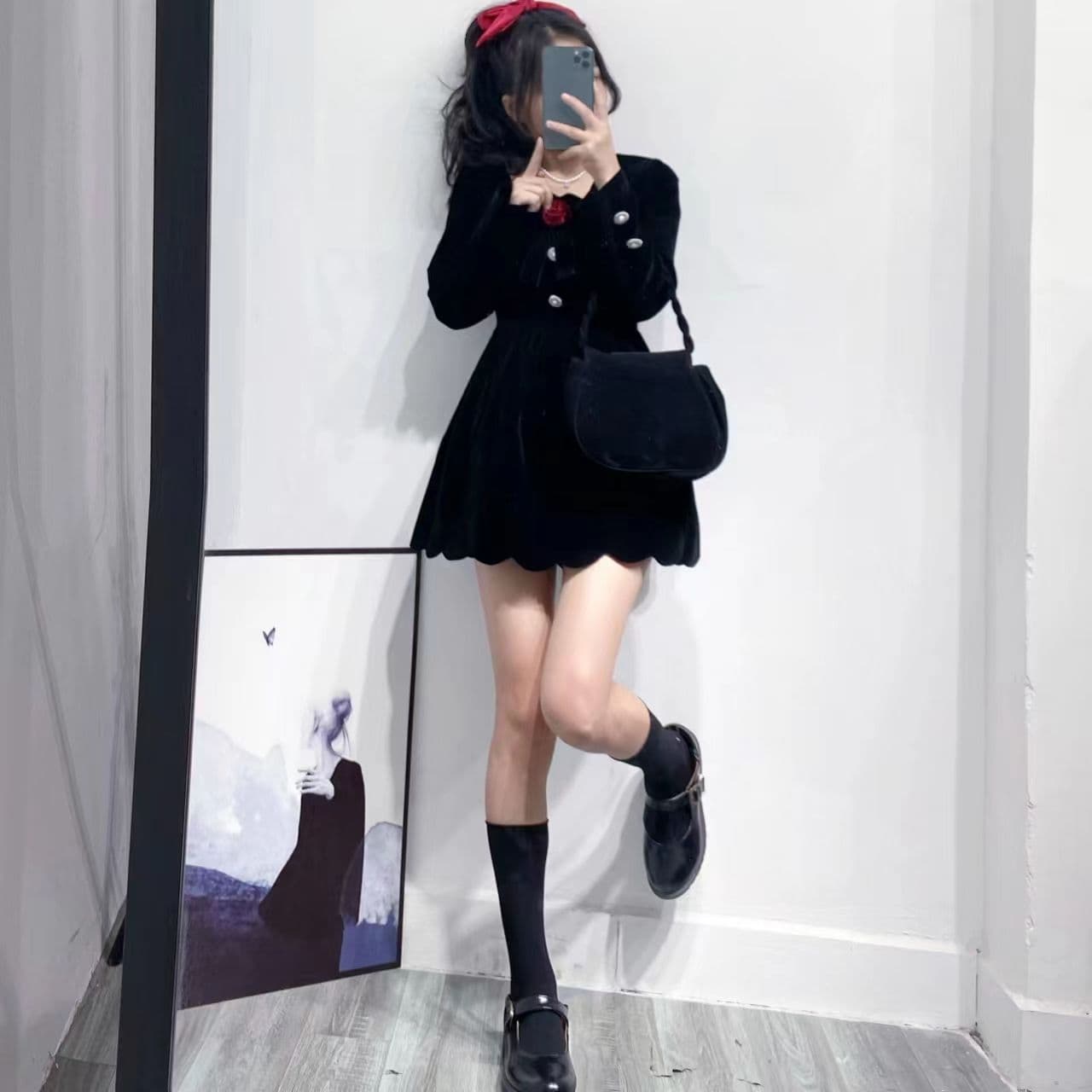 작은 키 겨울 의류 코디 외국 가스 짧은 남자 그는 벤 바람 작은 검은 드레스 하이웨이스트 디스플레이 높음 벨벳 여성 드레스 가을 겨울 이미지 3