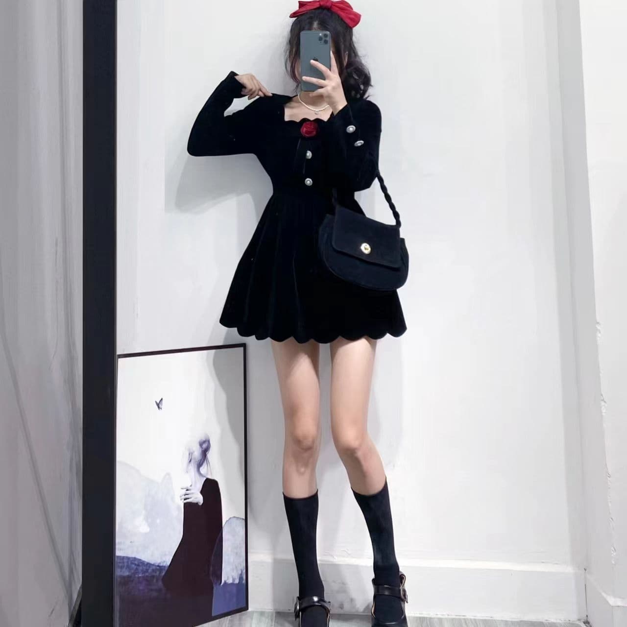 작은 키 겨울 의류 코디 외국 가스 짧은 남자 그는 벤 바람 작은 검은 드레스 하이웨이스트 디스플레이 높음 벨벳 여성 드레스 가을 겨울 상세 이미지 2