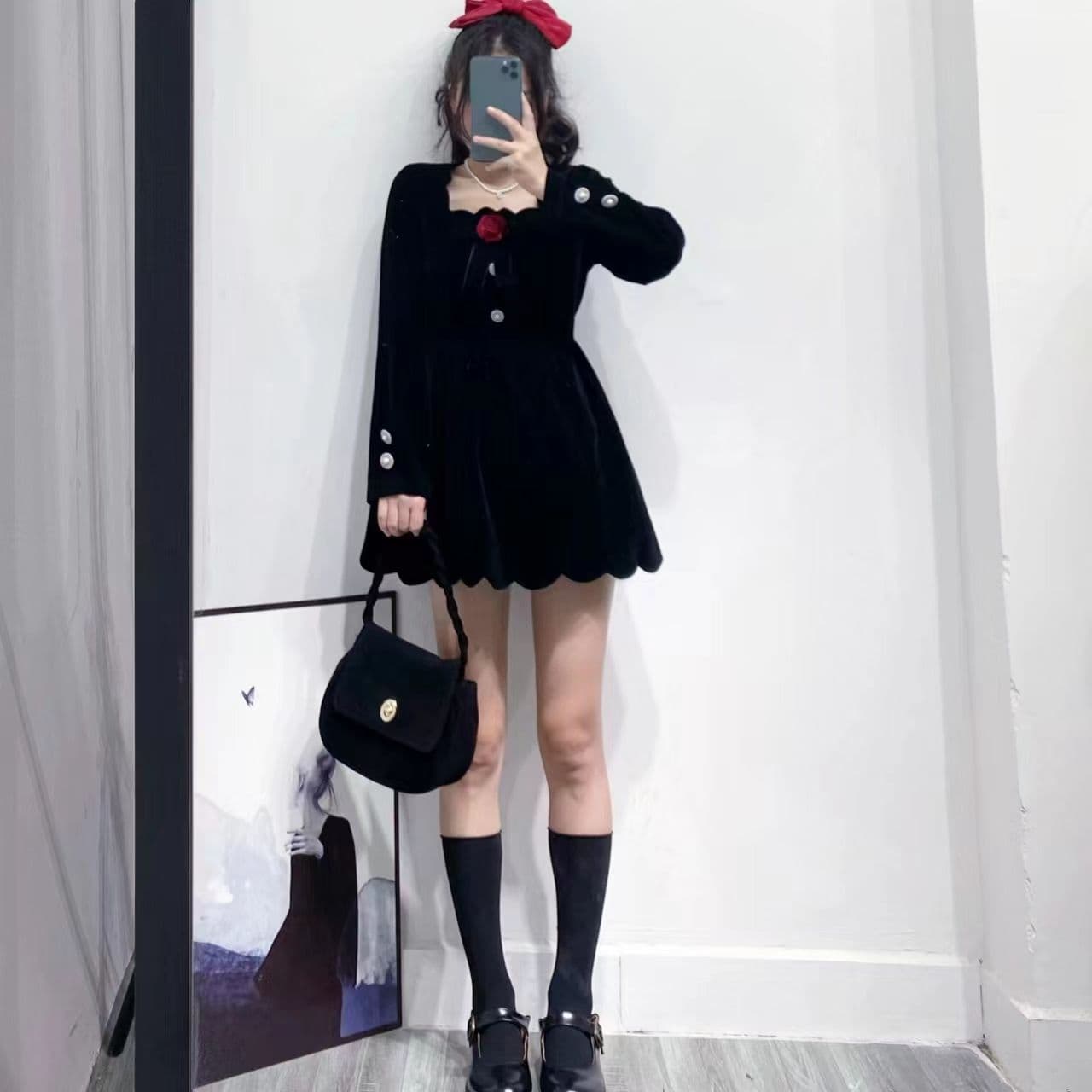 작은 키 겨울 의류 코디 외국 가스 짧은 남자 그는 벤 바람 작은 검은 드레스 하이웨이스트 디스플레이 높음 벨벳 여성 드레스 가을 겨울 상세 이미지 3