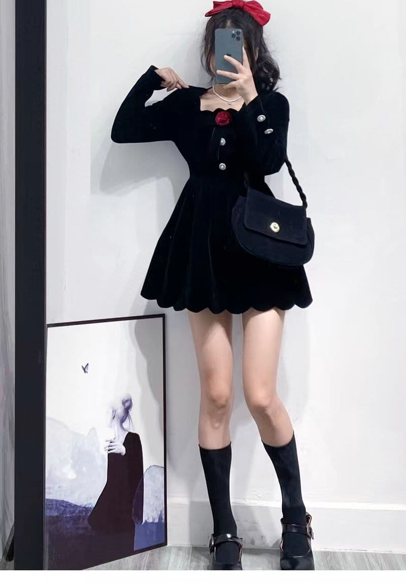 작은 키 겨울 의류 코디 외국 가스 짧은 남자 그는 벤 바람 작은 검은 드레스 하이웨이스트 디스플레이 높음 벨벳 여성 드레스 가을 겨울 상세 이미지 6