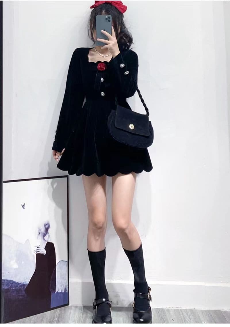 작은 키 겨울 의류 코디 외국 가스 짧은 남자 그는 벤 바람 작은 검은 드레스 하이웨이스트 디스플레이 높음 벨벳 여성 드레스 가을 겨울 상세 이미지 7