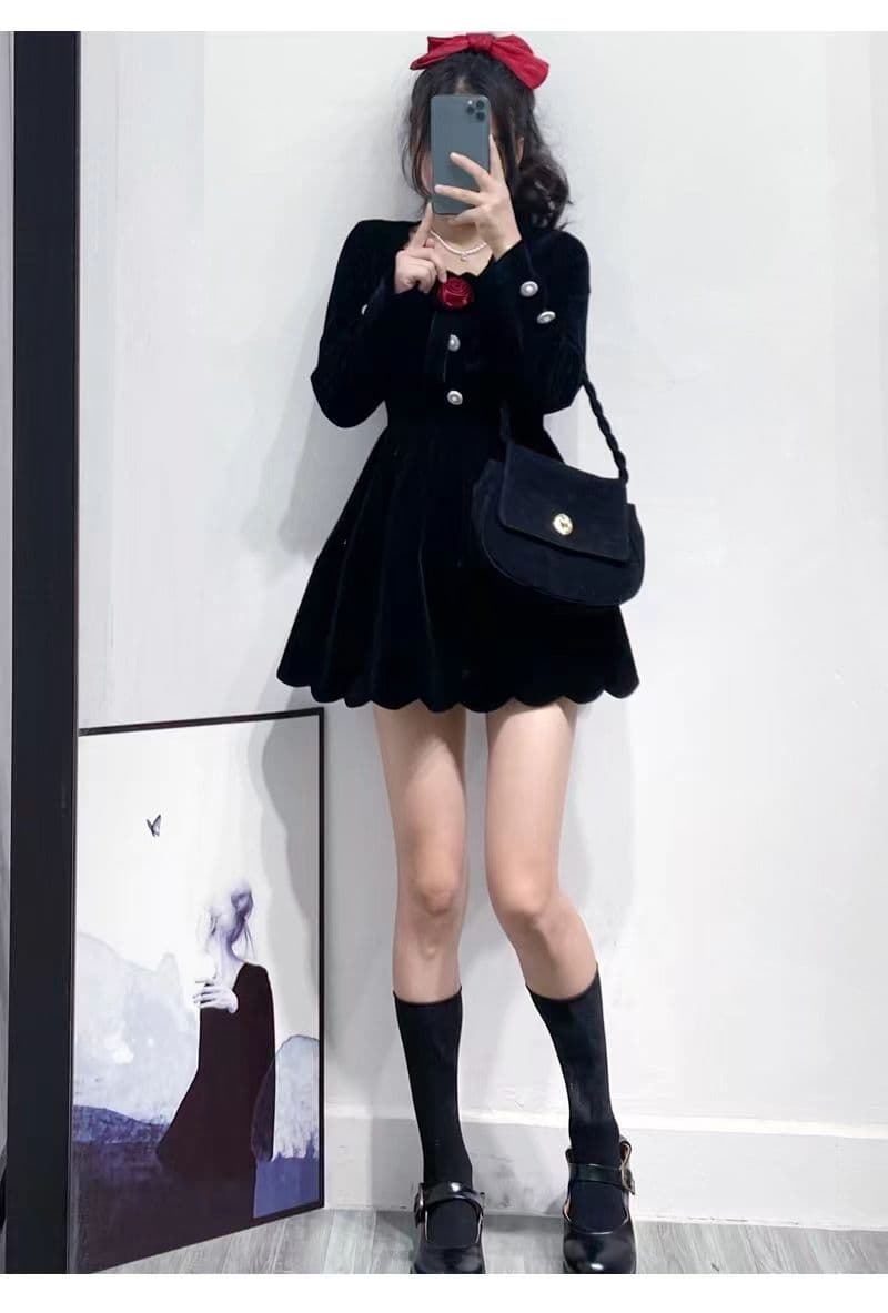 작은 키 겨울 의류 코디 외국 가스 짧은 남자 그는 벤 바람 작은 검은 드레스 하이웨이스트 디스플레이 높음 벨벳 여성 드레스 가을 겨울 상세 이미지 8