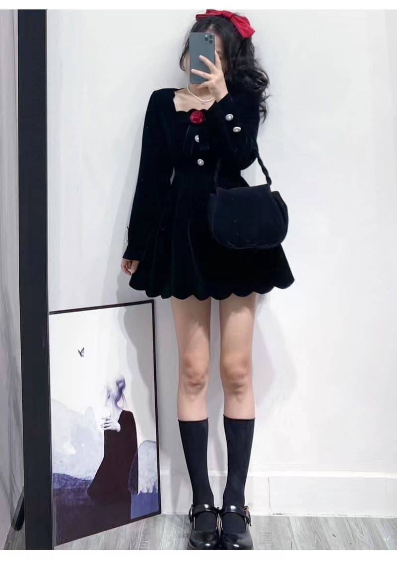 작은 키 겨울 의류 코디 외국 가스 짧은 남자 그는 벤 바람 작은 검은 드레스 하이웨이스트 디스플레이 높음 벨벳 여성 드레스 가을 겨울 상세 이미지 11