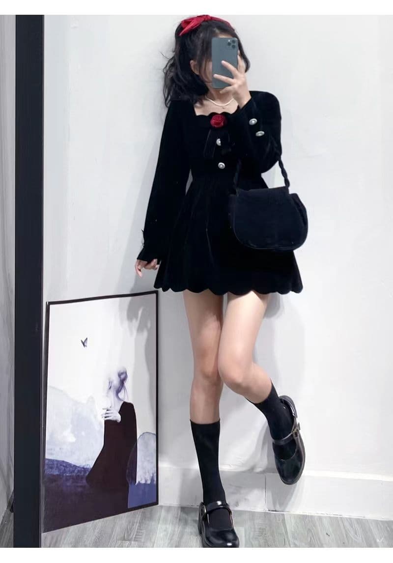 작은 키 겨울 의류 코디 외국 가스 짧은 남자 그는 벤 바람 작은 검은 드레스 하이웨이스트 디스플레이 높음 벨벳 여성 드레스 가을 겨울 상세 이미지 13