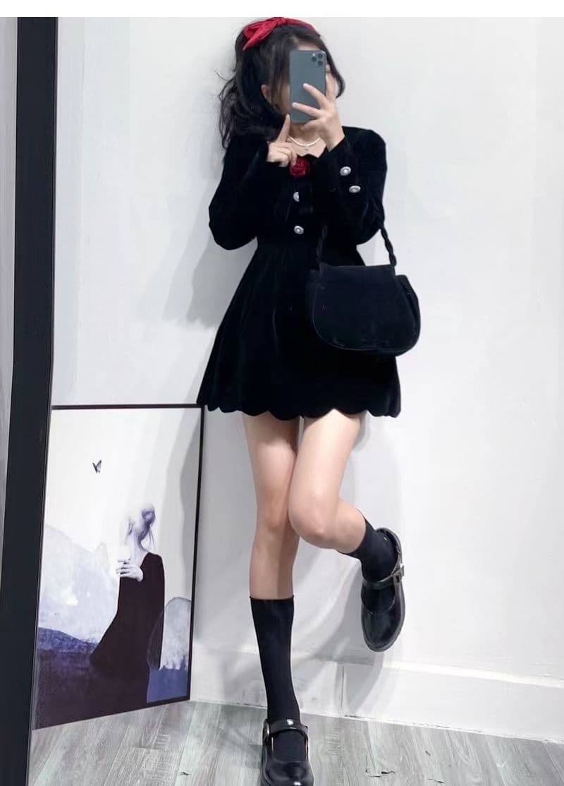 작은 키 겨울 의류 코디 외국 가스 짧은 남자 그는 벤 바람 작은 검은 드레스 하이웨이스트 디스플레이 높음 벨벳 여성 드레스 가을 겨울 상세 이미지 14