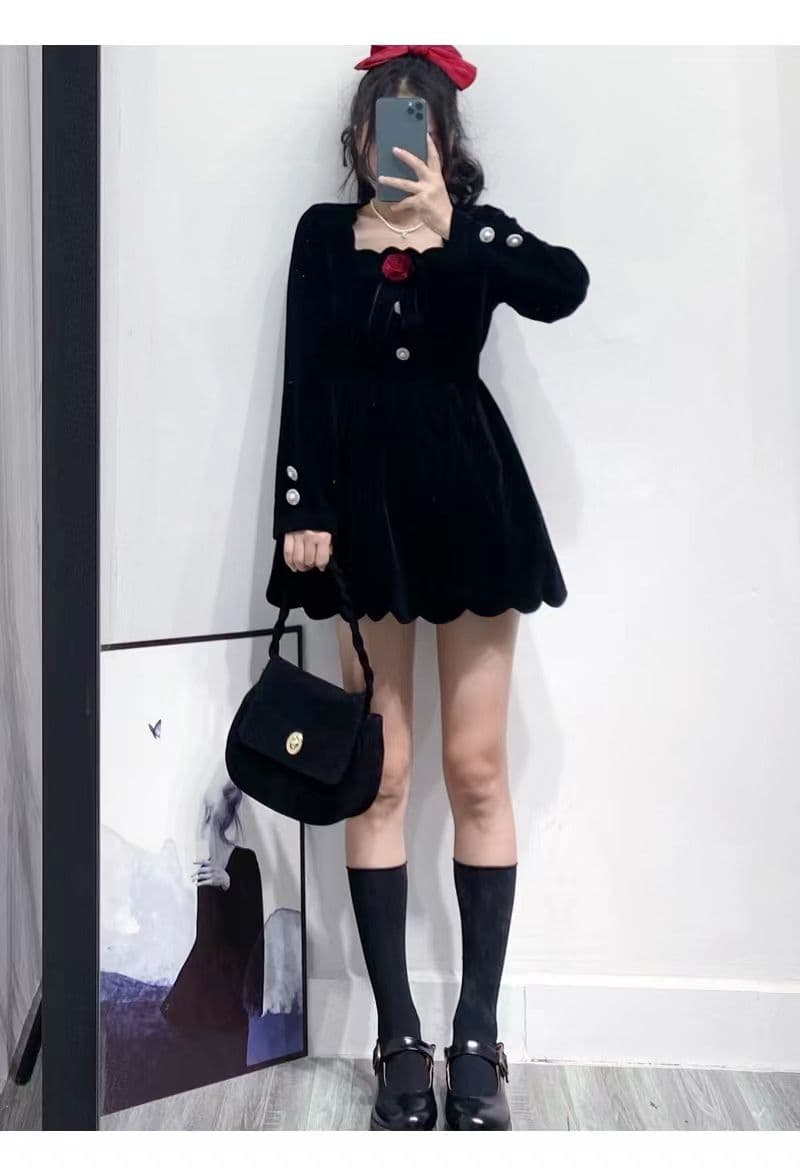 작은 키 겨울 의류 코디 외국 가스 짧은 남자 그는 벤 바람 작은 검은 드레스 하이웨이스트 디스플레이 높음 벨벳 여성 드레스 가을 겨울 상세 이미지 15