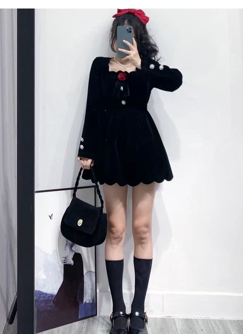 작은 키 겨울 의류 코디 외국 가스 짧은 남자 그는 벤 바람 작은 검은 드레스 하이웨이스트 디스플레이 높음 벨벳 여성 드레스 가을 겨울 상세 이미지 18