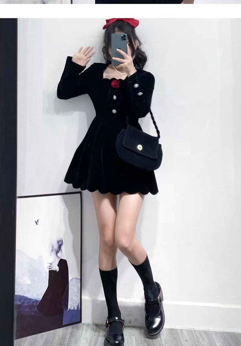 작은 키 겨울 의류 코디 외국 가스 짧은 남자 그는 벤 바람 작은 검은 드레스 하이웨이스트 디스플레이 높음 벨벳 여성 드레스 가을 겨울 상세 이미지 21
