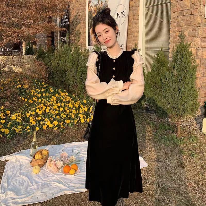 금사 벨벳 드레스 여성 의류 봄 프랑스식 작은 샤넬 스타일 작은 키 패치워크 명문 여성 레이스 품격 롱 스커트 아이들 이미지 2