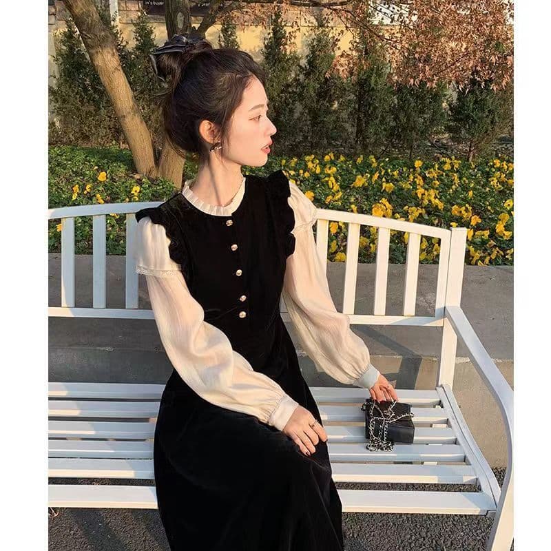 금사 벨벳 드레스 여성 의류 봄 프랑스식 작은 샤넬 스타일 작은 키 패치워크 명문 여성 레이스 품격 롱 스커트 아이들 이미지 3