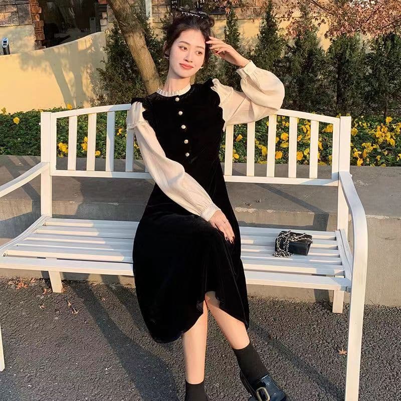 금사 벨벳 드레스 여성 의류 봄 프랑스식 작은 샤넬 스타일 작은 키 패치워크 명문 여성 레이스 품격 롱 스커트 아이들 이미지 4