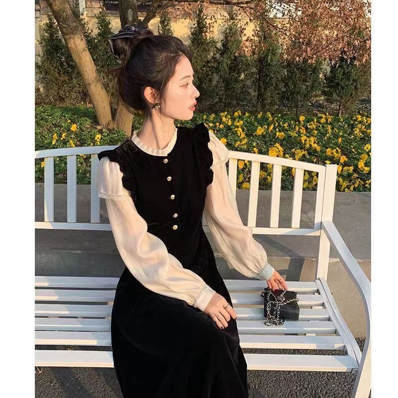 금사 벨벳 드레스 여성 의류 봄 프랑스식 작은 샤넬 스타일 작은 키 패치워크 명문 여성 레이스 품격 롱 스커트 아이들 상세 이미지 6