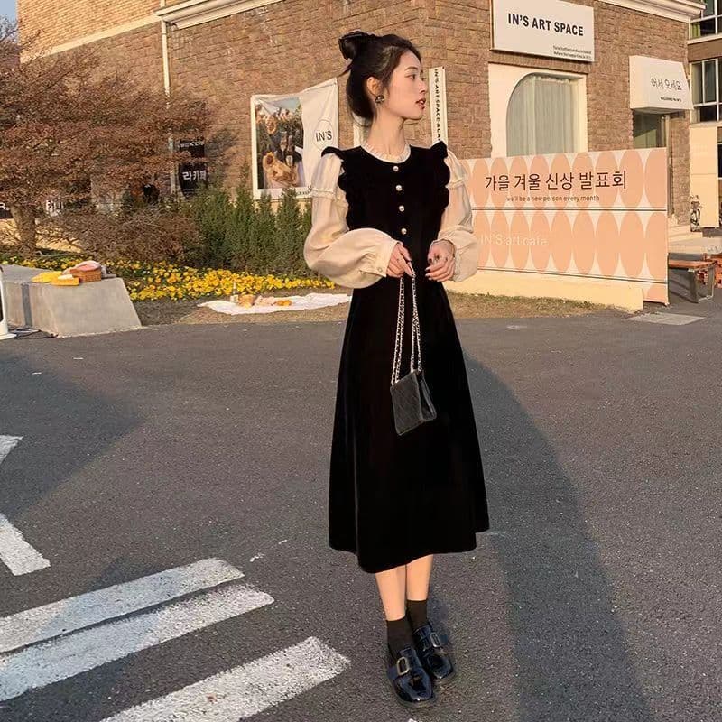 금사 벨벳 드레스 여성 의류 봄 프랑스식 작은 샤넬 스타일 작은 키 패치워크 명문 여성 레이스 품격 롱 스커트 아이들 상세 이미지 7