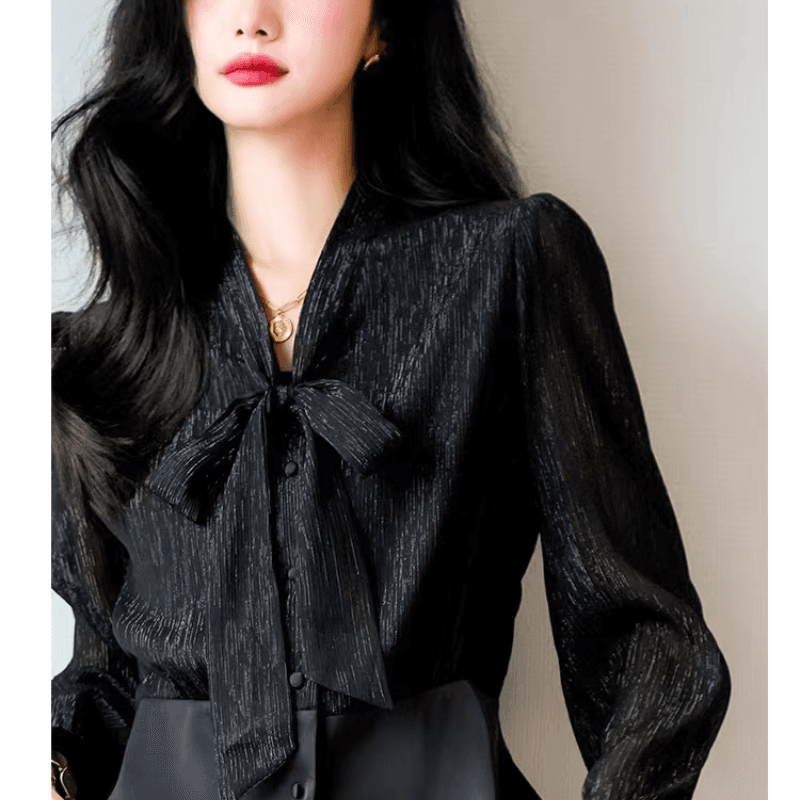 고차 디자인 센스 2026 봄 가을 새로운 프랑스식 허리 수축 나비 매듭 패치워크 우아함 품격 셔츠