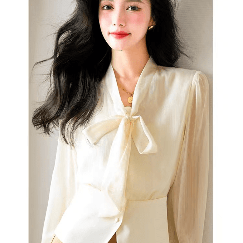 고차 디자인 센스 2026 봄 가을 새로운 프랑스식 허리 수축 나비 매듭 패치워크 우아함 품격 셔츠 이미지 2
