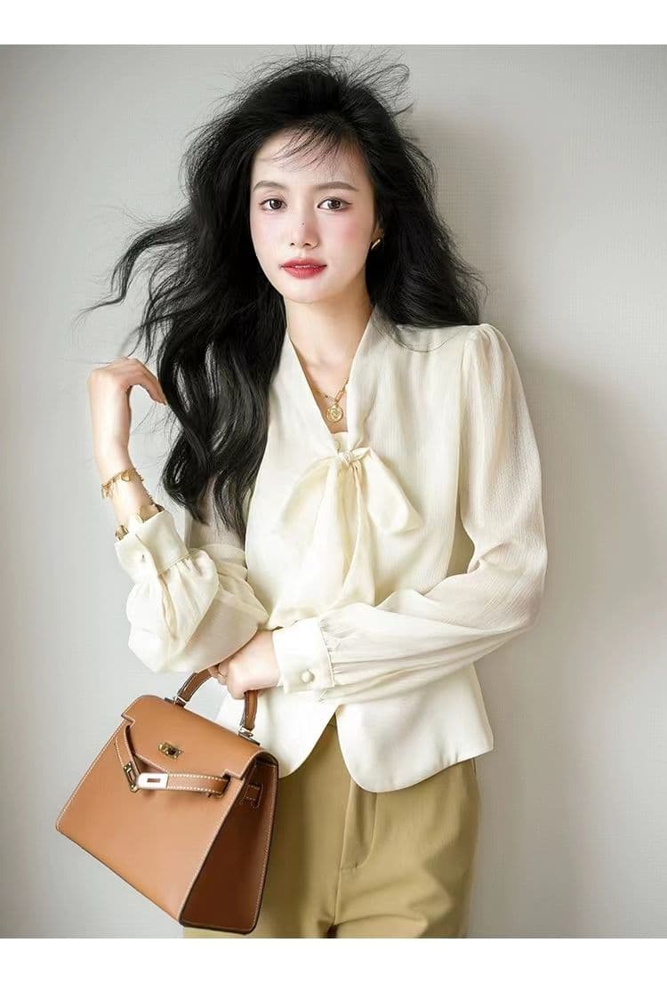 고차 디자인 센스 2026 봄 가을 새로운 프랑스식 허리 수축 나비 매듭 패치워크 우아함 품격 셔츠 상세 이미지 5