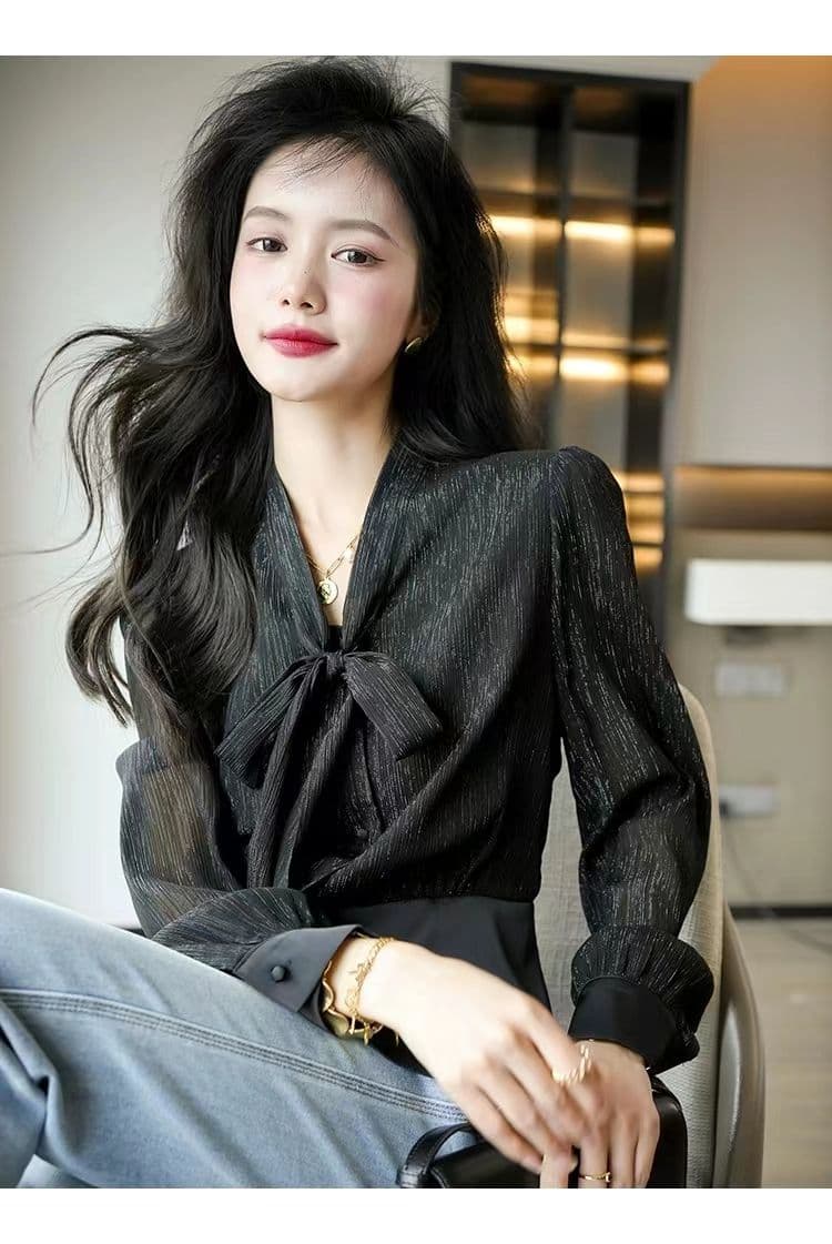 고차 디자인 센스 2026 봄 가을 새로운 프랑스식 허리 수축 나비 매듭 패치워크 우아함 품격 셔츠 상세 이미지 6