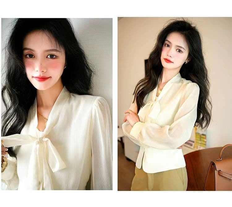 고차 디자인 센스 2026 봄 가을 새로운 프랑스식 허리 수축 나비 매듭 패치워크 우아함 품격 셔츠 상세 이미지 7
