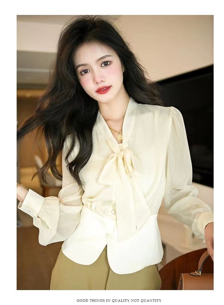 고차 디자인 센스 2026 봄 가을 새로운 프랑스식 허리 수축 나비 매듭 패치워크 우아함 품격 셔츠 상세 이미지 8