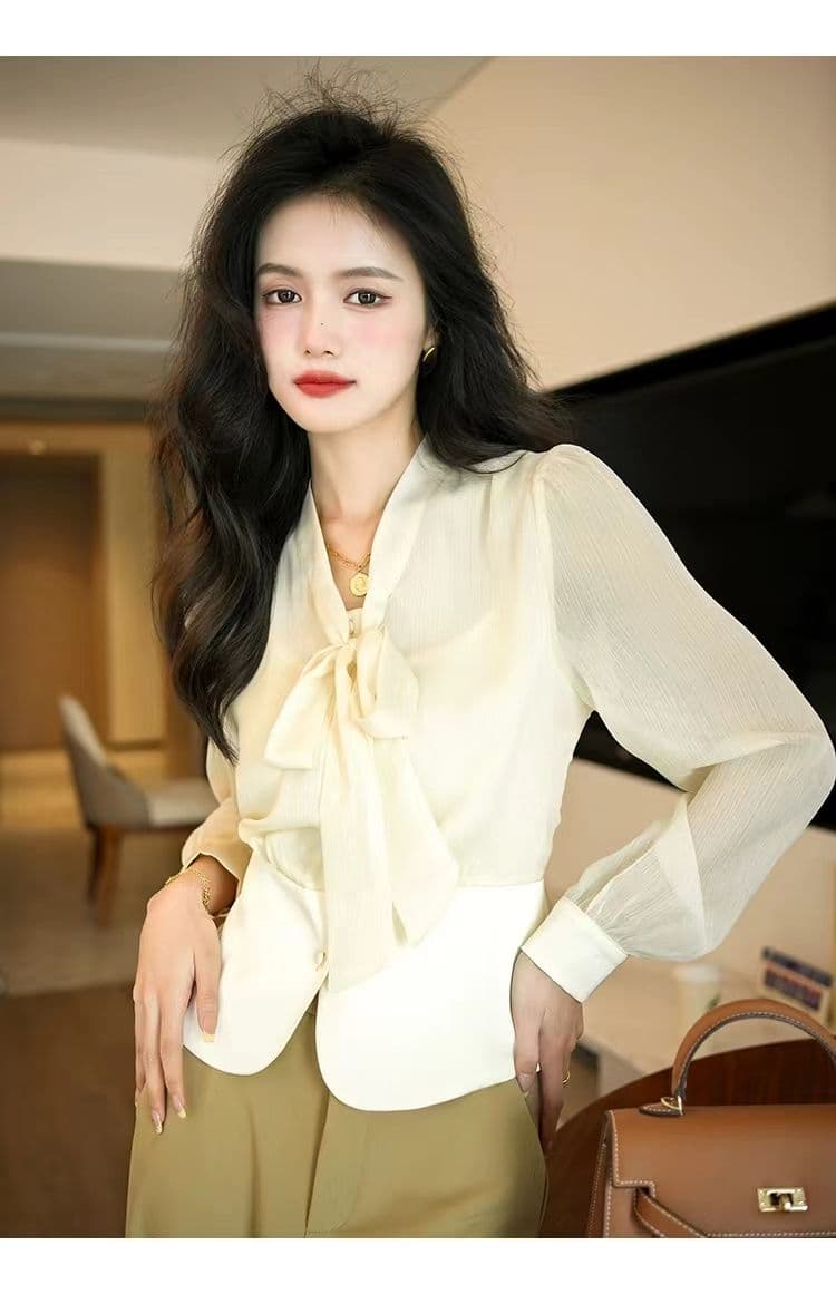 고차 디자인 센스 2026 봄 가을 새로운 프랑스식 허리 수축 나비 매듭 패치워크 우아함 품격 셔츠 상세 이미지 11