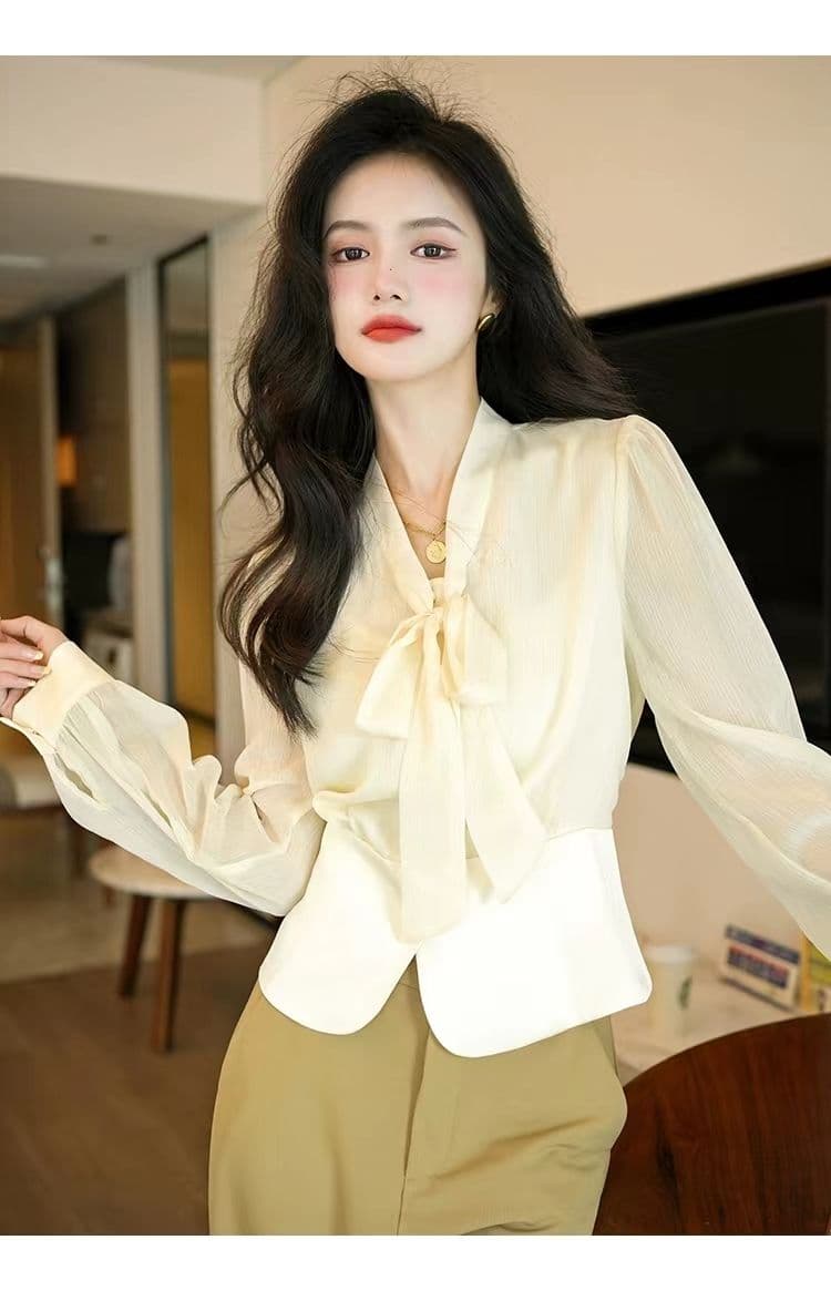 고차 디자인 센스 2026 봄 가을 새로운 프랑스식 허리 수축 나비 매듭 패치워크 우아함 품격 셔츠 상세 이미지 12
