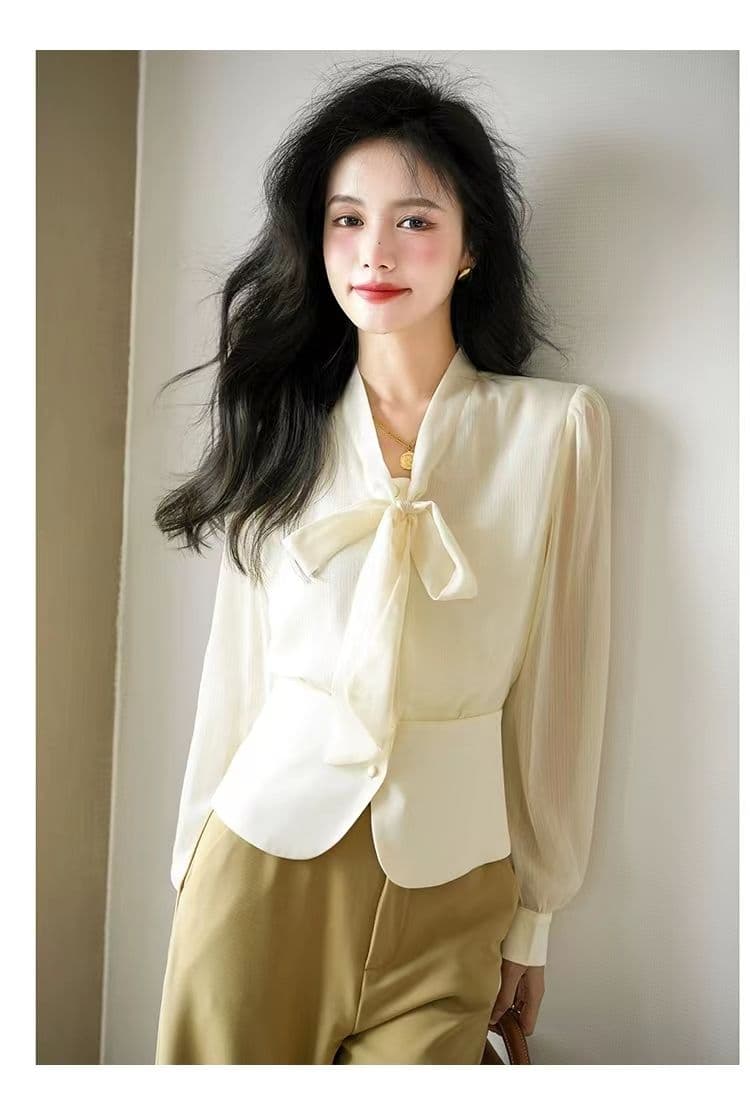 고차 디자인 센스 2026 봄 가을 새로운 프랑스식 허리 수축 나비 매듭 패치워크 우아함 품격 셔츠 상세 이미지 13