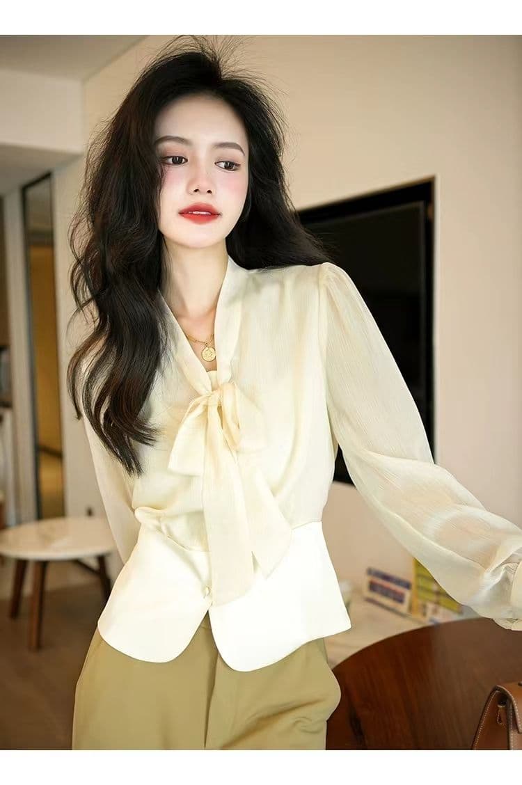 고차 디자인 센스 2026 봄 가을 새로운 프랑스식 허리 수축 나비 매듭 패치워크 우아함 품격 셔츠 상세 이미지 16