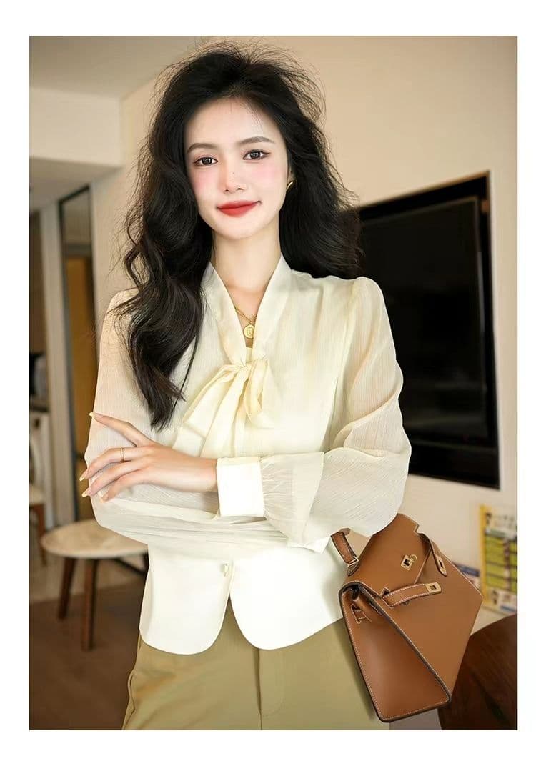 고차 디자인 센스 2026 봄 가을 새로운 프랑스식 허리 수축 나비 매듭 패치워크 우아함 품격 셔츠 상세 이미지 17