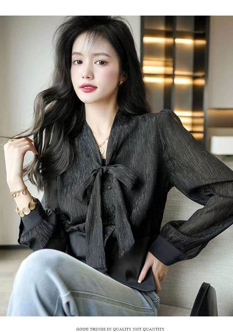 고차 디자인 센스 2026 봄 가을 새로운 프랑스식 허리 수축 나비 매듭 패치워크 우아함 품격 셔츠 상세 이미지 19