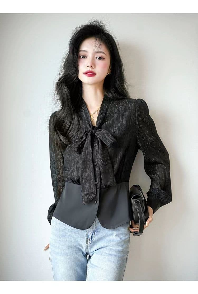 고차 디자인 센스 2026 봄 가을 새로운 프랑스식 허리 수축 나비 매듭 패치워크 우아함 품격 셔츠 상세 이미지 20