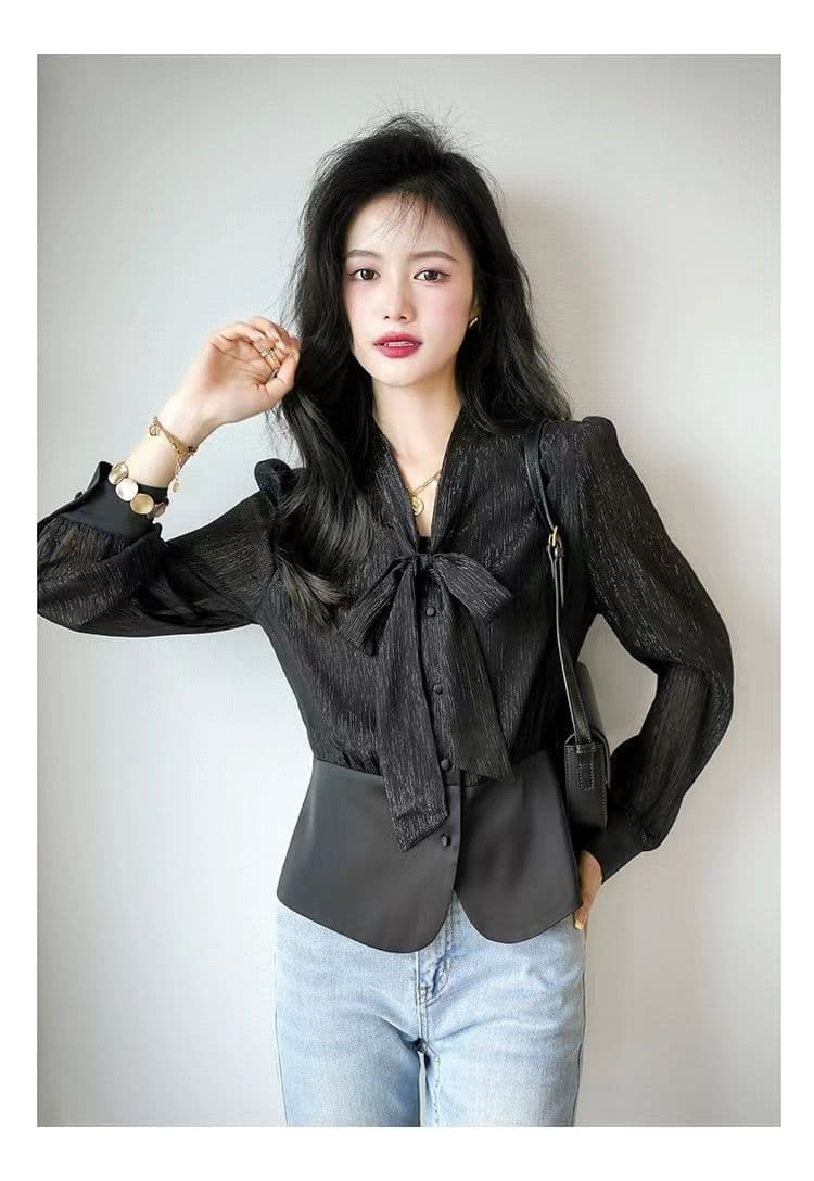 고차 디자인 센스 2026 봄 가을 새로운 프랑스식 허리 수축 나비 매듭 패치워크 우아함 품격 셔츠 상세 이미지 23