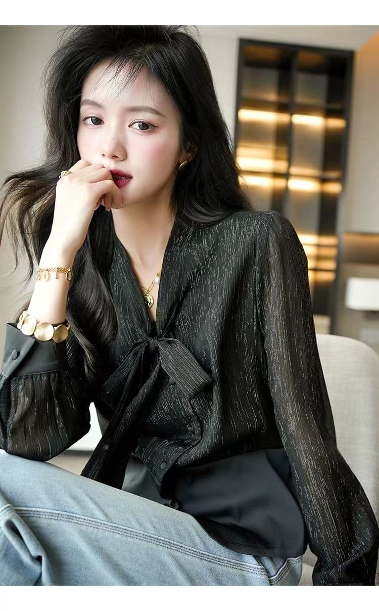 고차 디자인 센스 2026 봄 가을 새로운 프랑스식 허리 수축 나비 매듭 패치워크 우아함 품격 셔츠 상세 이미지 24