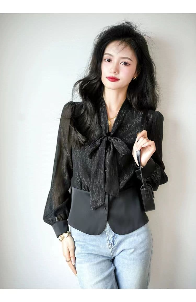 고차 디자인 센스 2026 봄 가을 새로운 프랑스식 허리 수축 나비 매듭 패치워크 우아함 품격 셔츠 상세 이미지 25