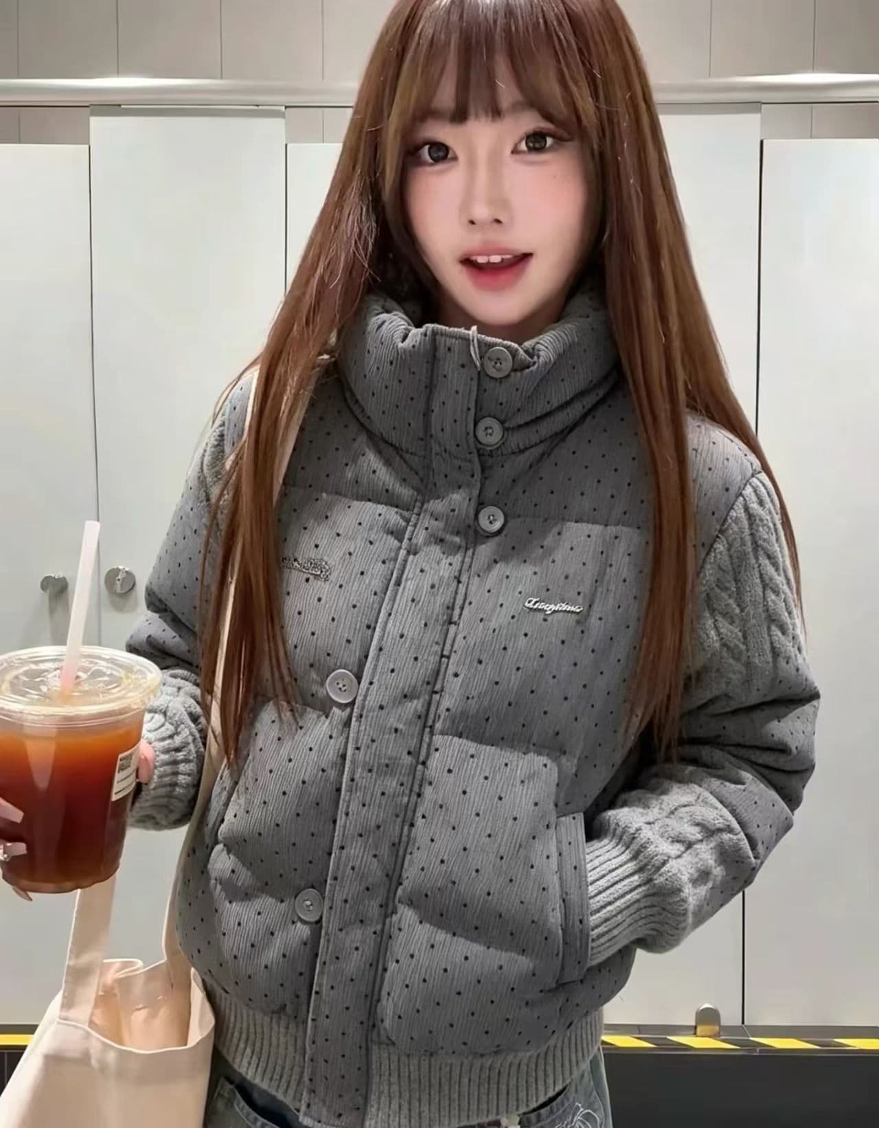 한 부서 달콤함 도트 무늬 니트 패치워크 긴팔 면 의류 여성 코트 겨울 루즈핏 두꺼운 쇼트 스타일 보온 패딩 재킷