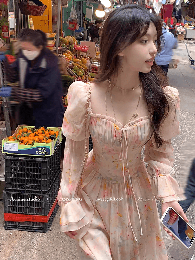 새로운 봄 가을 따뜻한 2026 롱 코트 광장 칼라 거품 소매 꽃무늬 긴팔 쉬폰 여성 드레스 여름 프랑스식 치마 이미지 3