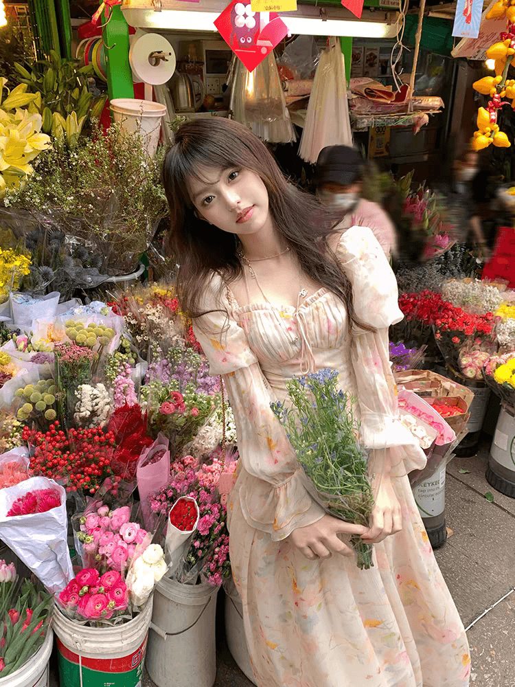 새로운 봄 가을 따뜻한 2026 롱 코트 광장 칼라 거품 소매 꽃무늬 긴팔 쉬폰 여성 드레스 여름 프랑스식 치마 이미지 4