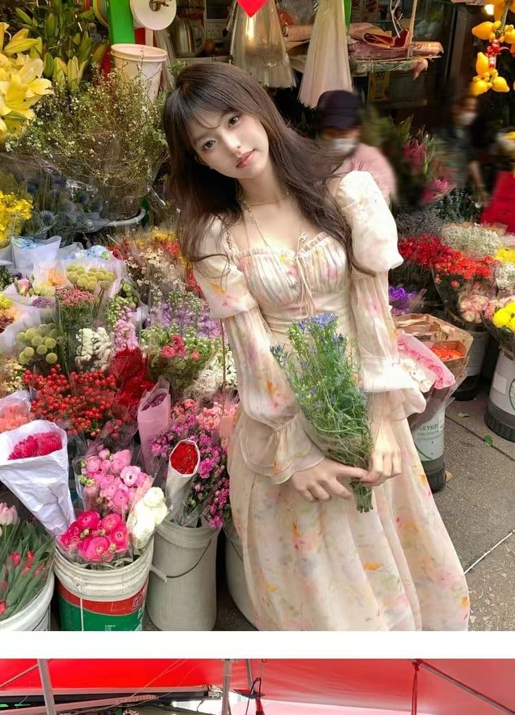 새로운 봄 가을 따뜻한 2026 롱 코트 광장 칼라 거품 소매 꽃무늬 긴팔 쉬폰 여성 드레스 여름 프랑스식 치마
